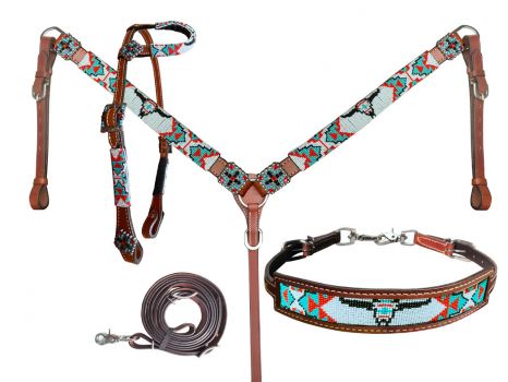 Showman 4pc. Longhorn beaded one headstall and breast collar set with square bling concho accents. Comes with Wither strap and competition reins
